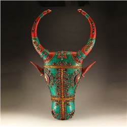 Chinese Tibet Bronze Inlay Gemstone Ox Head Statue