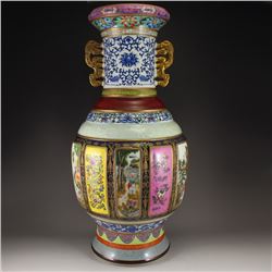 Chinese Qing Dynasty Palace Gilt Gold Famille Rose Double Ears Vase w Qianlong Mark