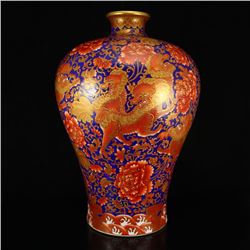 Chinese Qing Dynasty Gilt Gold Iron Red Glaze Porcelain Big Vase Qianlong Mark