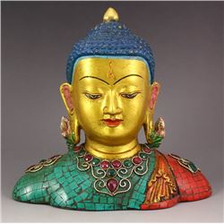 Nepal Gilt Gold Bronze Inlay Turquoise & Agate Buddha Statue