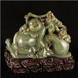 Vintage Chinese Hetian Jade Statue - Laughing Buddha & Fortune Kids