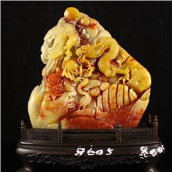 Superb Chinese Shoushan Stone Statue - Dragon & Phoenix w Certificate