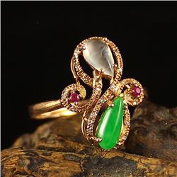 18K Gold Inlay Natural Jadeite Diamond Ring w Certificate