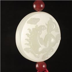 Chinese White Hetian Jade Pendant - Dragon & Horse