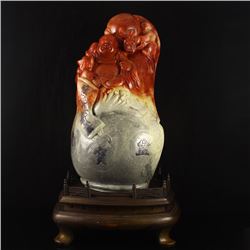 Superb Chinese Shoushan Stone Statue - Laughing Buddha & Fortune Kid