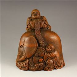 Chinese Bamboo Root Statue - Elephant & Fortune Kid