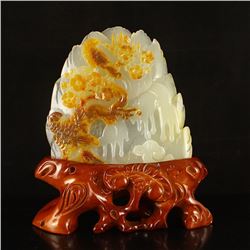 Chinese Huang Long Jade Statue - Magpie & Plum Flower