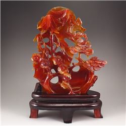Openwork Chinese Red Agate Statue - Plum Flower & Bamboo