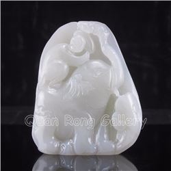 Chinese Hetian Jade Pendant w Elephant & Monkey
