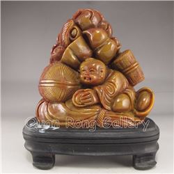 Chinese Shoushan Stone Statue w Fortune Kid