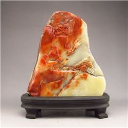 Chinese Shoushan Stone Statue w Sages , Birds & Pine Tree