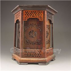 Hollow Out Carved Chinese Hua Li Wood Six Side Brush Pot