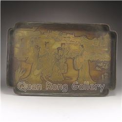 Vintage Chinese Bronze Plate w Palace Figures