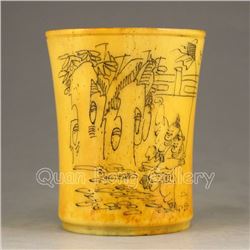 Chinese Ox Bone Cup w Urchin Design & Poetry