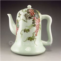 Hand-painted Chinese Famille Rose Porcelain Teapot w Magpie & Grapes