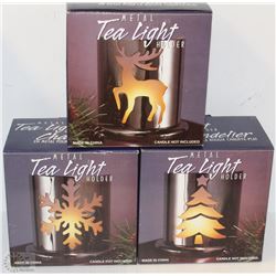 LOT OF 3 METAL TEA LIGHT HOLDERS INCL REINDEER,