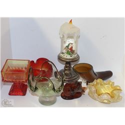 COLLECTION OF CANDY DISHES, CHRISTMAS ORNAMENTS,