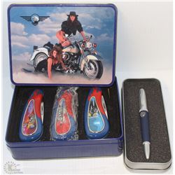 LOT OF 3 MOTORCYCLE DECORATIVE POCKET KNIFES IN