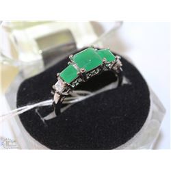 #14-GREEN EMERALD & CZ.925 SOLID SILVER RING