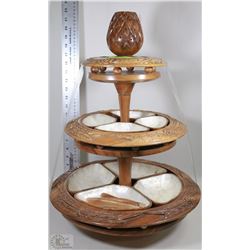 CARVED WOODEN APPETIZER 2-TIER TRAY WITH OYSTER