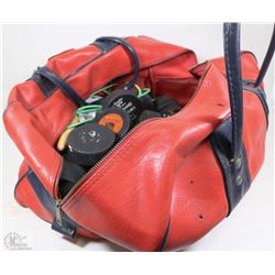 RED GYM BAG FULL OF HOCKEY PUCKS AND SKIP ROPE