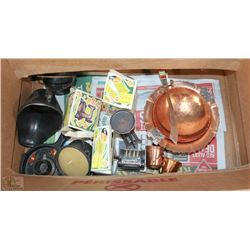 BOX OF MINIATURES INCL CAST IRON, COPPER AND MORE