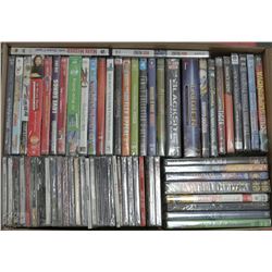BOX OF OVER 50 BRAND NEW, SEALED DVDS, CDS, AND PC