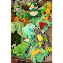 BOX OF ASSORTED FROG THEMED BEANIE/STUFFED ANIMALS