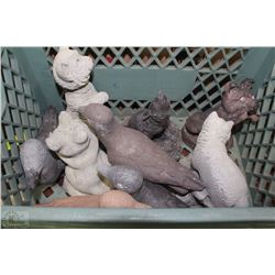 CRATE OF 9 SMALL CONCRETE  ANIMAL STATUES , SOME