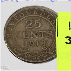1919 NEWFOUNDLAND SILVER 25 CENT COIN