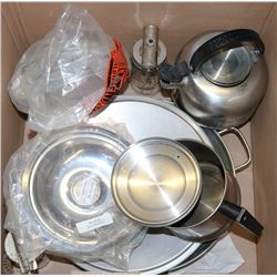 BOX OF COOKWARE INCLUDING KETTLE AND MORE!