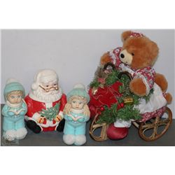 CHRISTMAS BEAR ON A WICKER TRICYCLE WITH SANTA