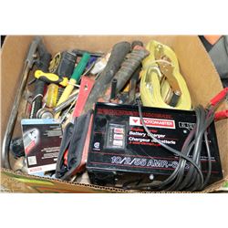 FLAT IWTH ASSORTED TOOLS AND BATTERY CHARGER