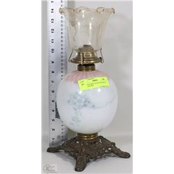 VINTAGE MILK GLASS AND METAL OIL LANTERN