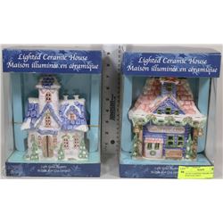 SET OF 2 LIGHTED CERAMIC HOUSES WITH 24 KT GOLD