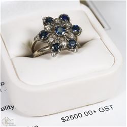 14K WHITE GOLD BLUE SAPPHIRE & DIAMOND RING