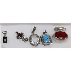 BOX WITH ASSORTED STERLING SILVER GEMMED PENDANTS