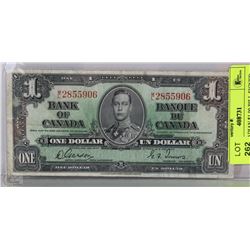 1937 CANADIAN $1.00 BILL SIGNED BY GORDON & TOWERS