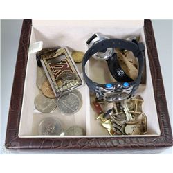 MENS  ACCESSORY BOX WITH JEWELRY ,COINS & WATCH