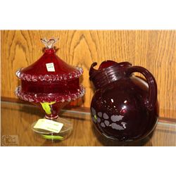 CRANBERRY GLASS PITCHER AND LIDDED DISH