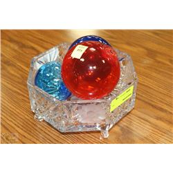 ESTATE CUT GLASS BOWL WITH COLORIZED GLASS BALLS