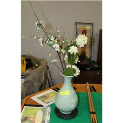 13" VINTAGE FLORAL PORCELAIN VASE W/ MARBLE STAND