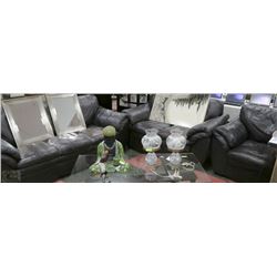BLACK LEATHER SOFA, LOVE SEAT, AND CHAIR