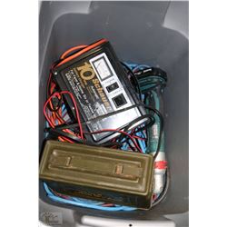 TOTE WITH EXTENSION CORDS, BATTERY CHARGER AND