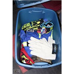 TOTE FULL OF NEW WORK GLOVES AND ASSORTED SAFETY