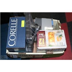 BOX OF NEW 12PC CORELLE DISH SET,12PC GLASS SET,W/