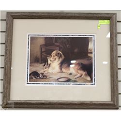 1995 FRAMED PRINT OF DOG & TWO KITTENS (28" X 24"