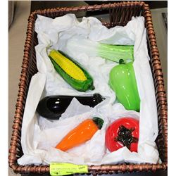 WICKER BASKET W/VEGETABLE ART GLASS