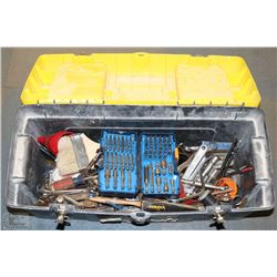 BLACK AND YELLOW TOOL BOX WITH ASSORTED TOOLS