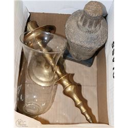 BOX WITH BRASS AND GLASS CANDLE WALL HANGING,